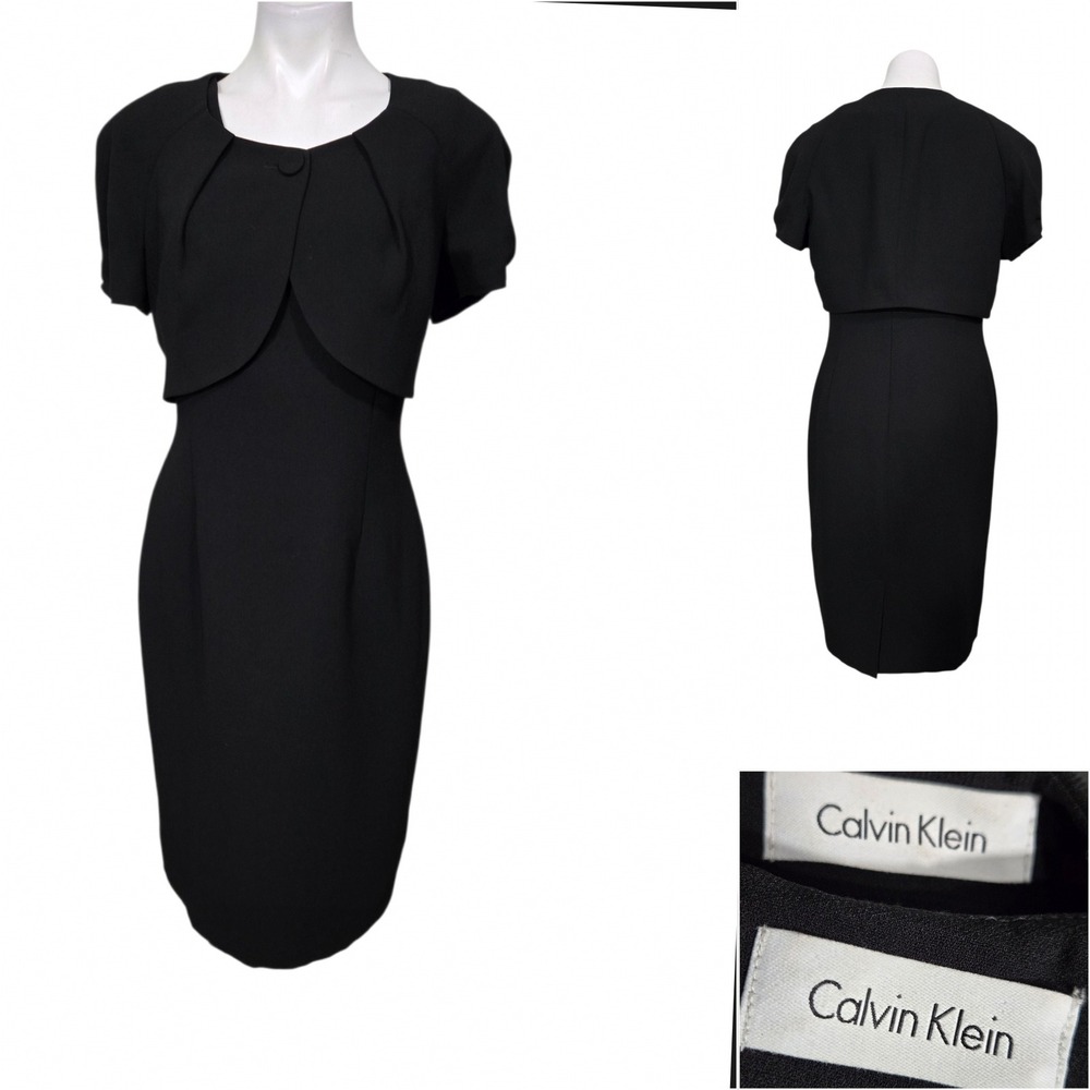 Calvin Klein Dress suit set black Sheath cropped Bolero Jacket 2 Piece L/10-12